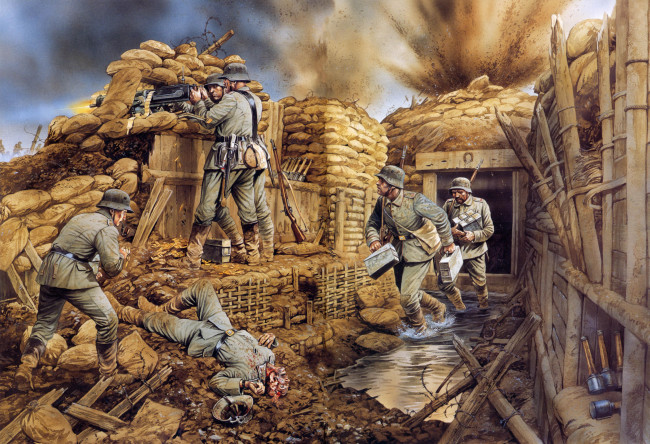 Обои картинки фото рисованные, армия, засада, пулемет, солдаты