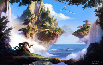 Картинка фэнтези пейзажи море скалы птицы дракон miao+zi