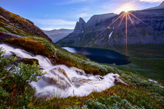 Обои картинки фото природа, пейзажи, восход, озеро, ручей, горы, norway, норвегия