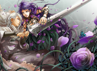 Картинка аниме -weapon +blood+&+technology розы лианы меч парень цветы когти шипы девушка арт бабочка