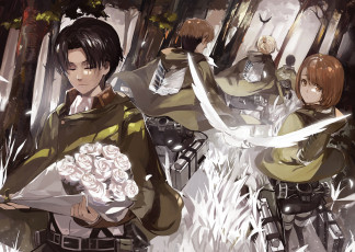 Картинка аниме shingeki+no+kyojin petra ral levi атака титанов арт персонажи парень rivaille капрал букет