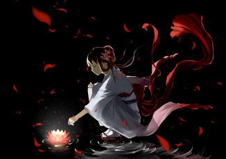 Картинка аниме *unknown+ другое clouble темный фон красные лепестки арт вода лотос девушка