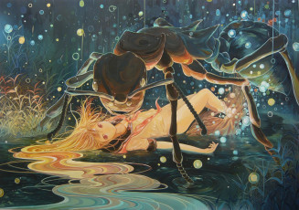 Картинка аниме *unknown+ другое длинноволосая девушка трава испуг муравей seifuku ночь монстр вода