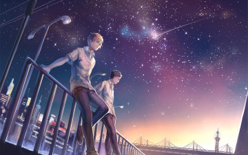 Картинка аниме kuroko+no+baske kuroko no basket seirin high kiyoshi teppei hyuuga junpei парни ночь звезды город фонари падающая звезда