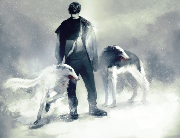 Обои картинки фото аниме, -weapon,  blood & technology, heleness, арт, зима, снег, парень, собаки