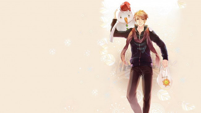 Обои картинки фото аниме, -merry chrismas & winter, парень, снеговик, пакет