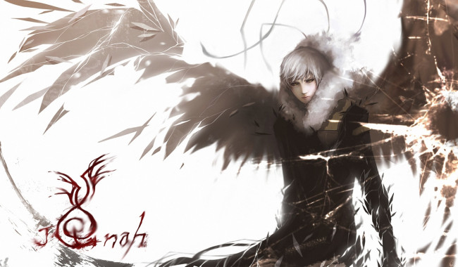 Обои картинки фото аниме, -angels & demons, парень, арт, крылья, ангел, трещины, надпись