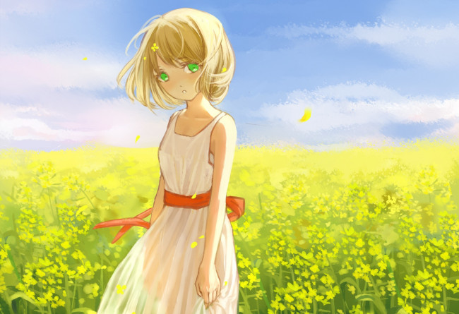 Обои картинки фото аниме, *unknown , другое, арт, цветы, желтые, платье, поле, девочка, clouble