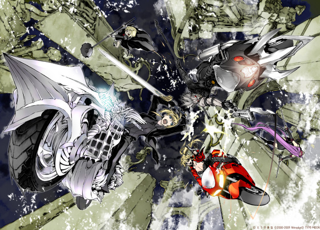 Обои картинки фото аниме, -weapon,  blood & technology, руины, здания, мотоцикл, меч, пистолет, копье, булава, клинки, сражение, падение, девушки, мужчина