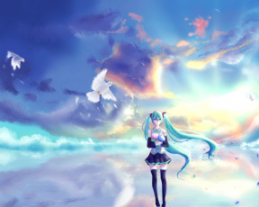 Картинка аниме vocaloid небо девушка цветы арт hatsune miku голуби