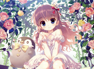 Картинка аниме животные +существа девочка пингвин розы