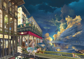 Картинка аниме город +улицы +здания remosse512 арт здания девушка облака вечер дирижабль фантастика