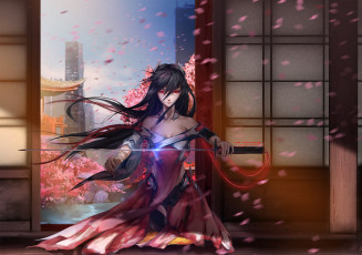 Картинка аниме оружие +техника +технологии mikazuki industry арт девушка меч весна лепестки город