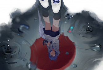 Картинка аниме vocaloid отражение дождь лужа зонт девочка china арт