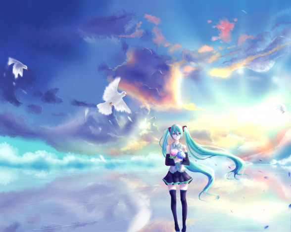 Обои картинки фото аниме, vocaloid, небо, девушка, цветы, арт, hatsune, miku, голуби
