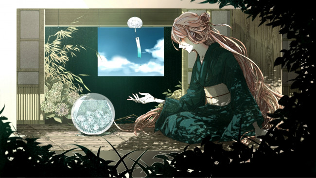 Обои картинки фото аниме, vocaloid, девушка, ia, дом, кимоно, вокалоид, fleedo, rakeru, арт, вода, растения, небо, облака