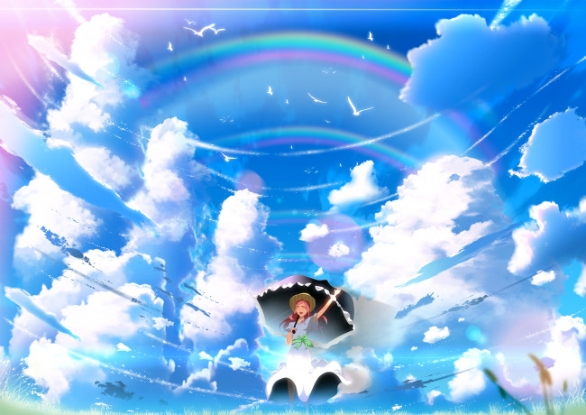 Обои картинки фото аниме, unknown,  другое, небо, облака, девушка, арт, skyt2