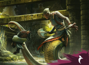Картинка фэнтези существа fight man armor snake yuan-ti axe