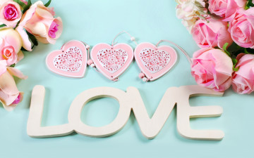 обоя праздничные, день святого валентина,  сердечки,  любовь, любовь, на, английском, розовые, розы, сердечки, и, белая, надпись