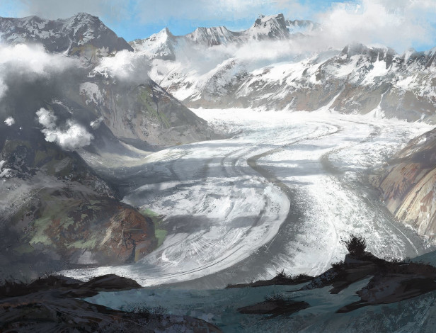 Обои картинки фото рисованное, природа, снег, горы