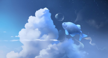 Картинка рисованное животные +рыбы облака небо рыба