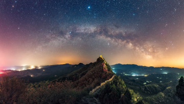 Картинка природа горы небо ночь китай ландшафт звёзды великая китайская стена