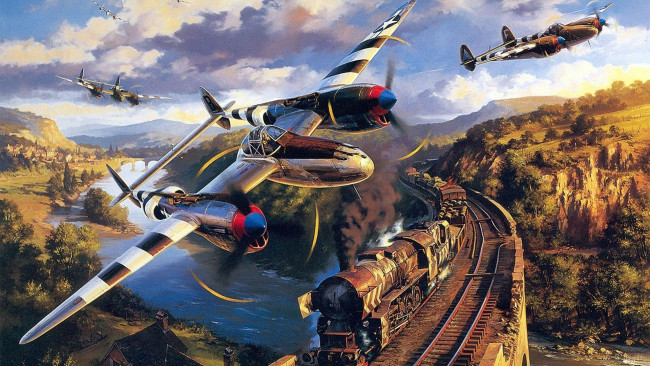 Обои картинки фото авиация, 3д, рисованые, v-graphic, самолеты, полет, небо, рельсы, паровоз
