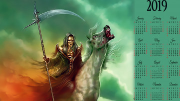 Картинка календари фэнтези 2019 скелет calendar конь коса смерть лошадь