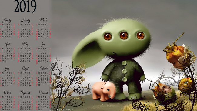 Обои картинки фото календари, фэнтези, 2019, calendar, растение, животное, существо