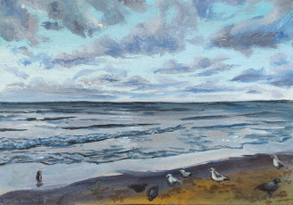 Картинка рисованное живопись море берег птицы