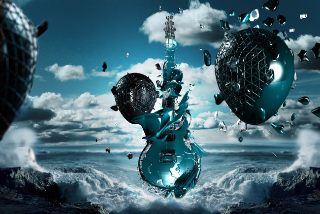 Обои картинки фото 3д графика, фантазия , fantasy, гитара, яйца, море, облака, осколки