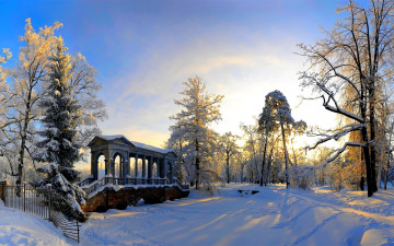 обоя царское, село, природа, зима, парк, мост, деревья, снег