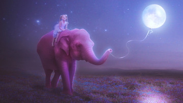 Картинка разное компьютерный дизайн луна шарик нитка счастье улыбка небо ночь звезды цветы луг розовый слон
