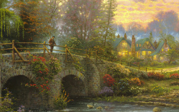 Картинка cobblestone evening рисованные thomas kinkade река мост рыбак