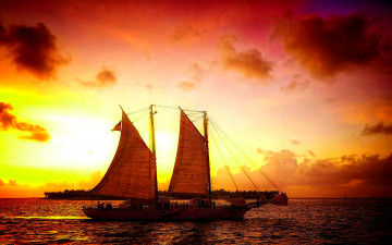 обоя sunset, sailing, корабли, парусники, парусник, остров, закат, океан