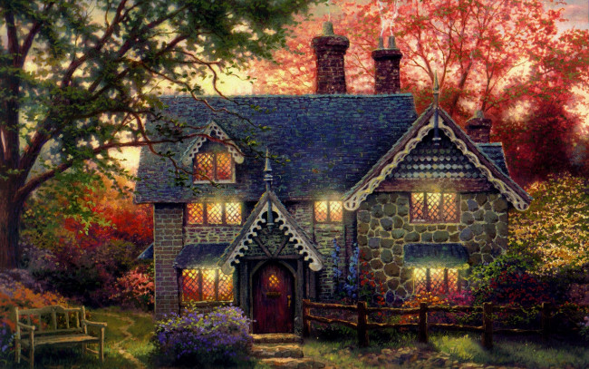 Обои картинки фото gingerbread, cottage, рисованные, thomas, kinkade, дом, скамья, коттедж