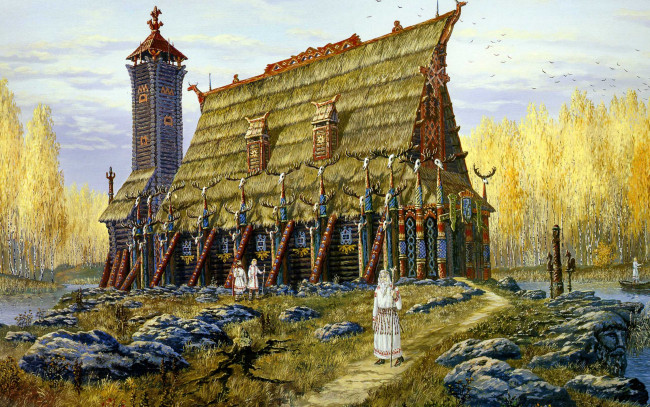 Обои картинки фото temple, hors, autumn, рисованные, всеволод, иванов, волхв, храм, озеро