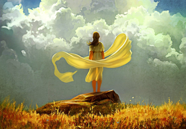 Обои картинки фото рисованные, люди, ткань, облака, ветер, небо, осень, желтая, трава, камень
