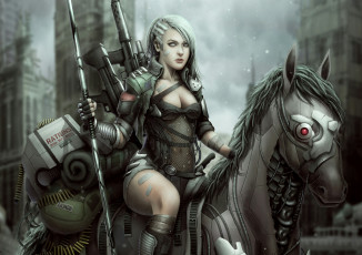 Картинка фэнтези девушки патроны автоматы оружие лошадь конь девушка