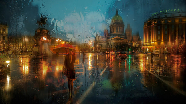 Обои картинки фото разное, компьютерный дизайн, девушка, город, дождь, зонт
