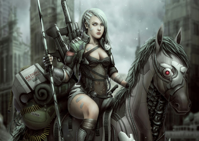 Обои картинки фото фэнтези, девушки, патроны, автоматы, оружие, лошадь, конь, девушка