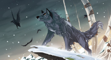 обоя рисованное, животные,  волки, снег, природа, ворона, волк