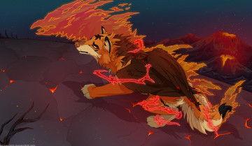 Картинка рисованное животные +сказочные +мифические волк огонь горы