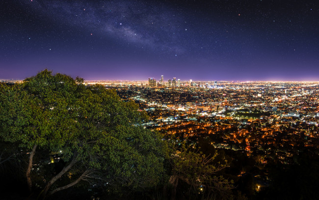 Обои картинки фото города, лос-анджелес , сша, griffith, observatory, los, angeles, город, панорама, огни