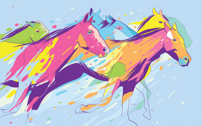 Обои картинки фото рисованное, животные,  лошади, фон, цвета, лошади, скачут
