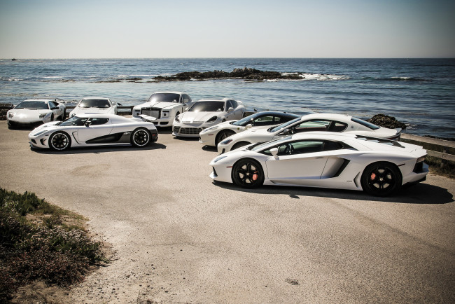 Обои картинки фото автомобили, разные вместе, lamborghini, aventador, maserati, море, машины, белые, granturismo, ferrari, 458, porsche, panamera, turbo, rolls-royce, phantom, mercedes-benz