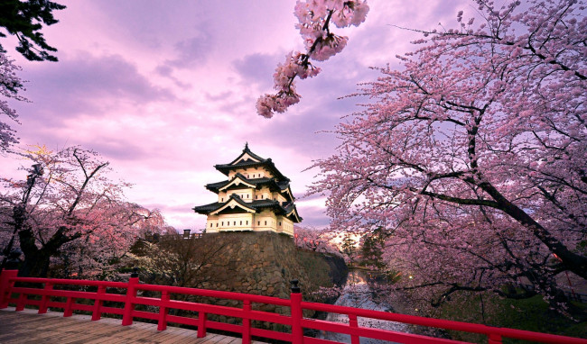 Обои картинки фото города, замки Японии, замок, хиросаки, Япония, сакура, цветение, весна, мост, река, деревья