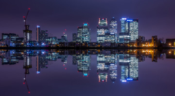 Картинка canary+wharf +london города лондон+ великобритания огни ночь река