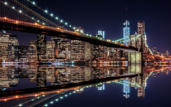 Обои картинки фото brooklyn bridge & lower manhattan skyline,  new york, города, нью-йорк , сша, мост, ночь, огни, река