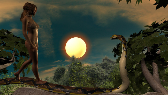Обои картинки фото 3д графика, фантазия , fantasy, девушка, взгляд, фон, змея, дерево